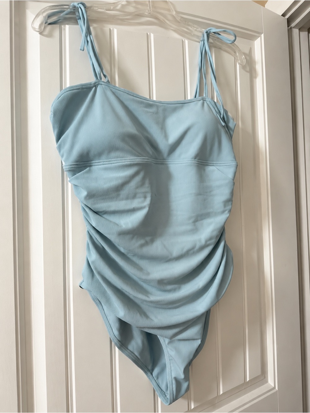 Kittenish Light Blue Ruched One-Piece Swimsuit with Tie Straps
